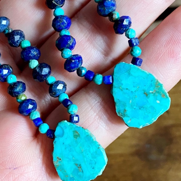 Genuine Lapis Lazuli + Natural Turquoise Gemstone Necklace - Picture 6 of 7